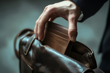 A close-up of a wallet being stolen from a bag. A hand takes a wallet out of a bag. Theft of a wallet.