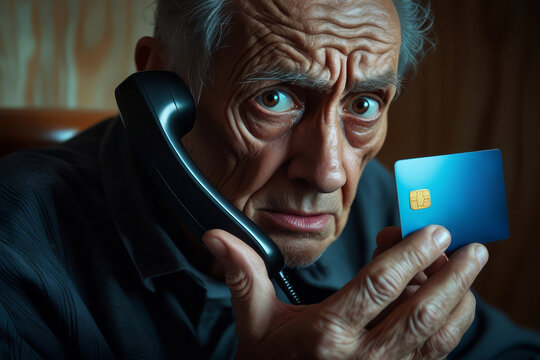 An elderly man was the victim of a phone scam. An elderly man is talking on the phone while holding a bank card. An agitated elderly man is dictating his bank card details over the phone.