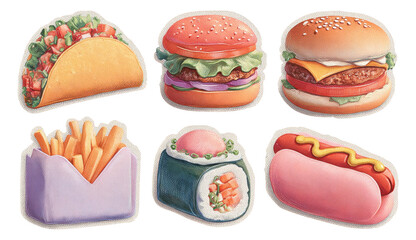 Colorful Food Collection with Isolated Taco, Burger, Fries, Sushi, Hot Dog, and More