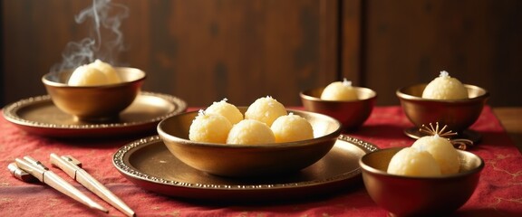 Traditional Korean sebae table setting with tteokguk rice in brass bowls arranged precisely. renewal and respect