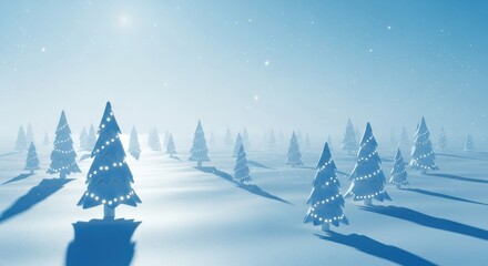 Minimalist 3D winter landscape with stylized, lighted Christmas trees on a snowy field at night