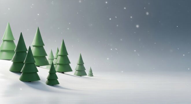 Minimalist 3D render of stylized pine trees in a snowy landscape with falling snowflakes