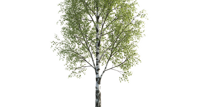 Isolated birch tree with green leaves and white bark against a black background in full view image