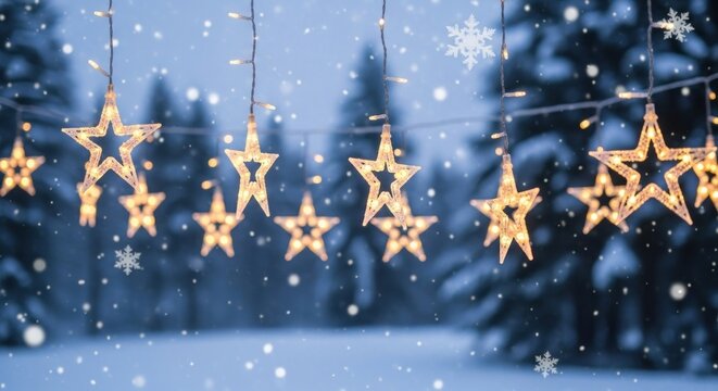 Christmas lights hanging in a snowy forest with snowflakes falling.