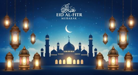 Eid alfitr mubarak greeting card design with mosque silhouette, crescent moon, stars, and hanging lanterns on a blue background, perfect for festive celebrations