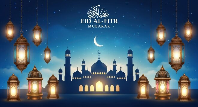 Eid alfitr mubarak greeting card design with mosque silhouette, crescent moon, stars, and hanging lanterns on a blue background, perfect for festive celebrations