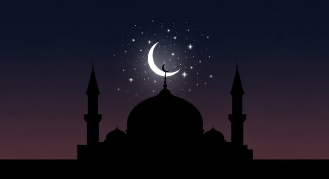 Mosque silhouette with crescent moon and stars on a dark gradient background, symbolizing islamic faith and spirituality for ramadan and eid celebrations - Powered by Adobe