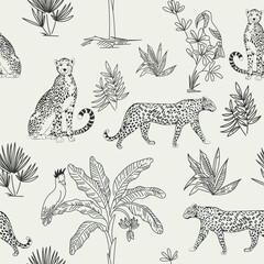 Naklejka premium Seamless vector pattern with giraffes, cheetahs, and tropical leaves in black and white outline style. Elegant African wildlife and jungle plants for textile, wallpaper, and nature design projects.