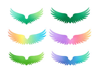 Obraz premium Watercolor wing set with six pairs of colorful angel wings, including green, rainbow, and pastel shades, isolated on transparent background, fantasy and creative design elements