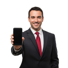 Naklejka premium Smiling businessman in a suit and red tie holding up a smartphone for display isolated on transparent background