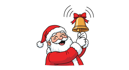 Jolly Santa Claus ringing a festive golden bell to joyfully announce the arrival of Christmas on a clean white background bringing holiday cheer