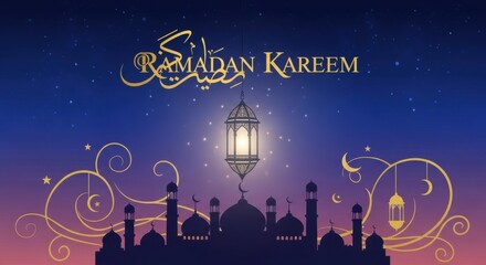 Ramadan kareem design with mosque silhouette, lantern, and crescent moon against a colorful sky, adorned with golden swirls, creating a festive and elegant background