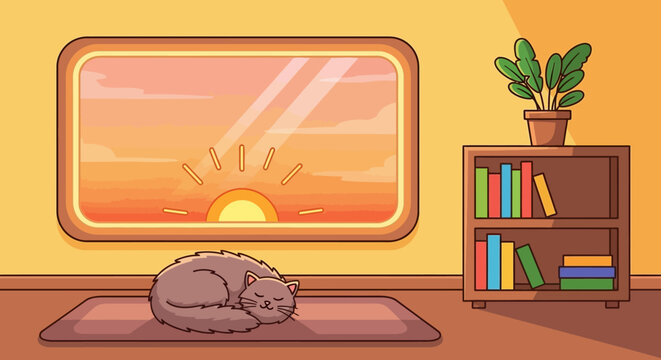 Cozy Cat Nap - A Curled Feline on a Rug.