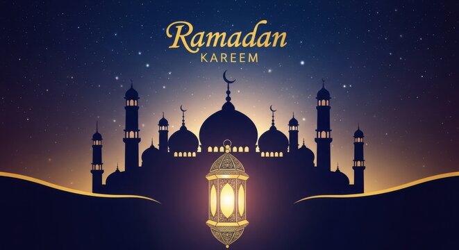 Ramadan kareem illustration featuring a silhouette of a mosque against a starry night sky, with a glowing lantern in the foreground, creating a serene and festive atmosphere - Powered by Adobe