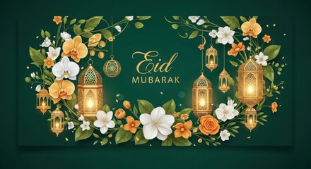 Eid mubarak greeting card with floral frame, lanterns, and golden text on a dark green background, perfect for celebrating the islamic holiday