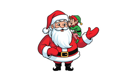 Santa Claus listening to a secret from his friendly elf helper riding on his shoulder, spreading Christmas cheer and holiday magic to all
