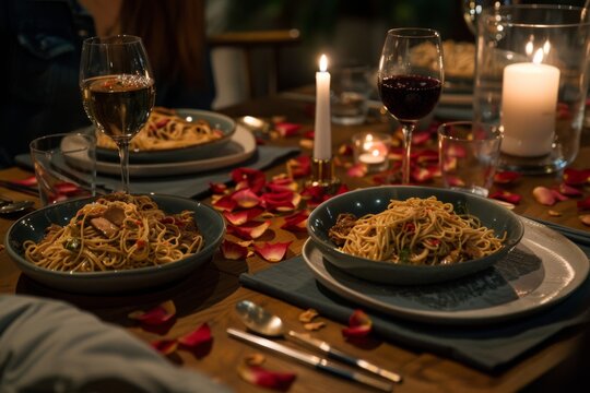 Romantic candlelit dinner with pasta