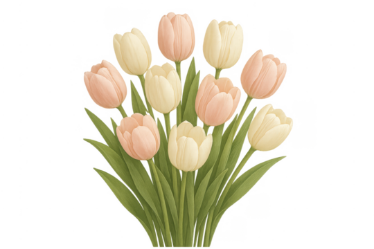 Pastel tulips bouquet with green leaves on transparent background