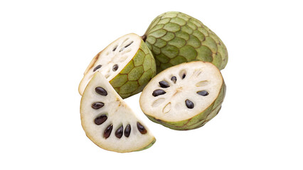 Fresh cherimoya fruit slices showcasing green skin and creamy interior with black seeds for a delicious tropical treat on a transparent background