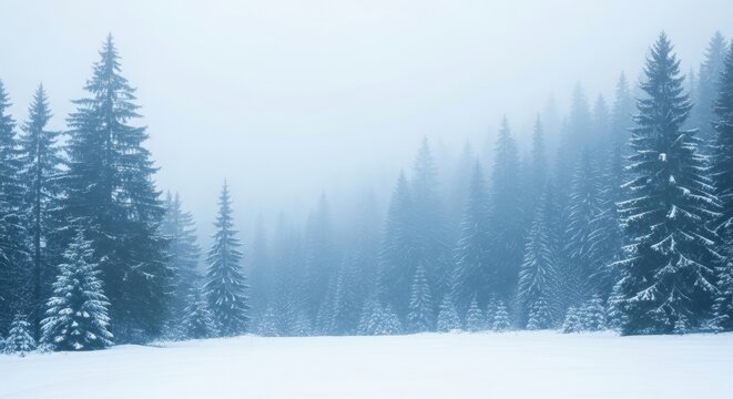 Misty, cold winter landscape with a dense, foggy forest of pine trees and fresh snow foreground