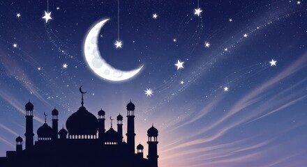 Enchanting night scene featuring a mosque silhouette against a starry sky with a crescent moon, evoking a sense of tranquility and spiritual reflection