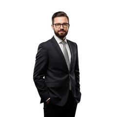 Professional businessman wearing a dark suit and tie with glasses standing confidently isolated on transparent background