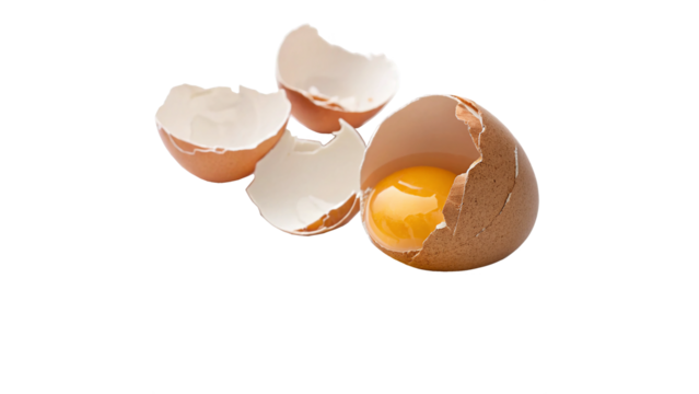 Broken eggshells with a bright yellow yolk showing the freshness of eggson a transparent background