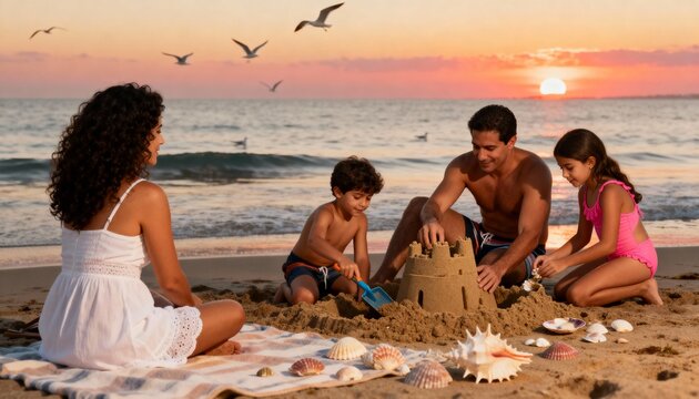 Happy family building a sandcastle on the beach at sunset. Parents with children playing together during a summer vacation