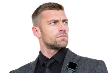Man suit smartwatch business professional confident technology modern male fashion confident man modern suit wearing smartwatch exuding professionalism and style with focused expression
