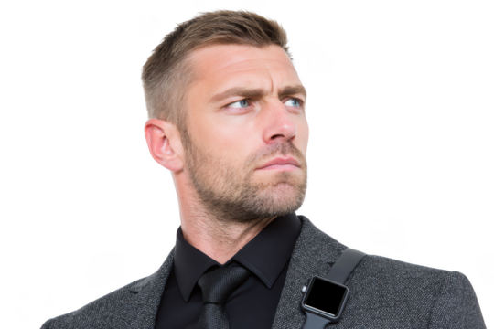 Man suit smartwatch business professional confident technology modern male fashion confident man modern suit wearing smartwatch exuding professionalism and style with focused expression