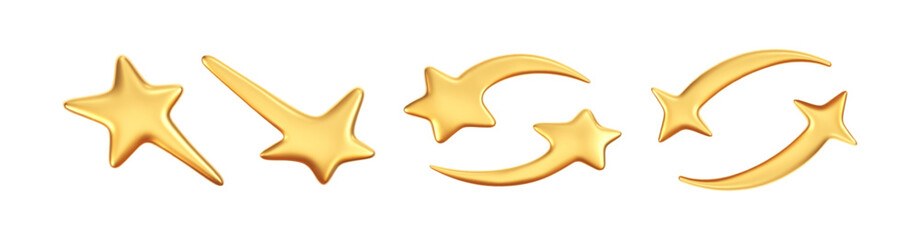 3D gold star icon set in futuristic isolated on white background. Glossy golden cyber star for Christmas and New Year decoration, galaxy emoji with falling star, bling, spark. 3D realistic y2k vector