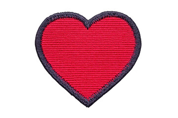 Obraz premium Red heart patch with black border, embroidered fabric, symbolizing love, affection, and care, isolated on transparent background, perfect for clothing decoration or craft projects