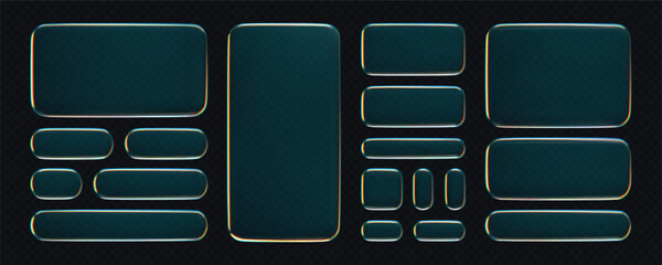 3D liquid glass buttons with a transparent neon holographic effect, isolated on a dark background. Render of liquid glass frame, UI UX elements for phone app or game interfaces. 3D tech digital vector