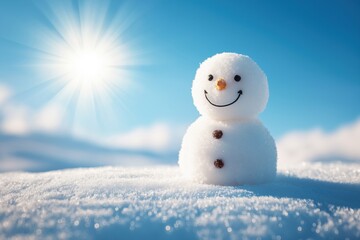 Happy snowman smiling in sunny winter landscape