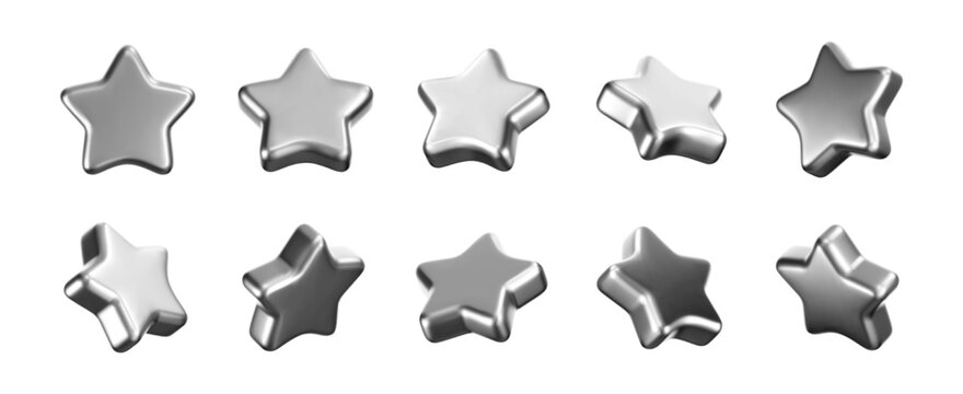 3D silver star icons with chrome effect isolated on dark background. Glossy platinum star for Christmas and New Year decoration. Badge for rating, award trophy, achievement, winner reward. 3D vector