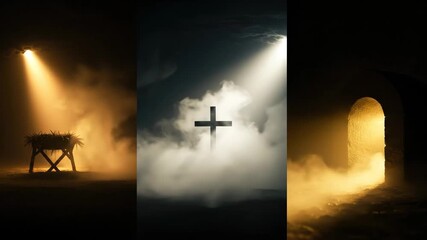 Symbolic religious journey from nativity manger to cross and open tomb. Christian event with spiritual imagery concept.