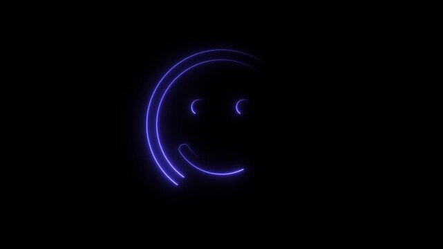 A vibrant, glowing neon blue smiley face on a black background. 