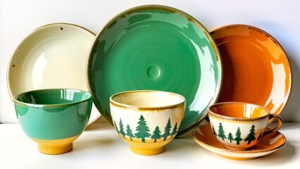 Close up of objects on colored plates