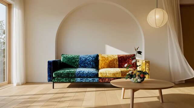 A stylishly minimalist living room setting featuring a brightly colored couch paired with a sleek table and lamp in a Japandi inspired space, exuding serenity and sophistication by perfectly.