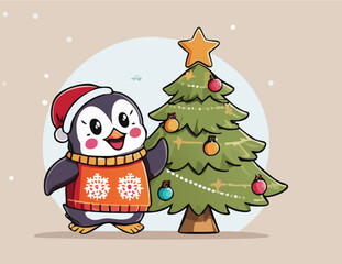 Cute Panda Decorating Christmas Tree with Star and Lights Wearing Santa Hat and Sweater