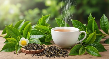 A steaming cup of green tea with fresh tea leaves and a white flower on a wooden table.
