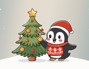 Cute Christmas panda standing with a Christmas tree