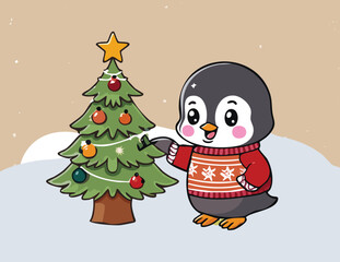Art & Cute Penguin with Christmas Tree | Adorable Holiday Illustration for Social Media Posts | Festive Winter Character Art  