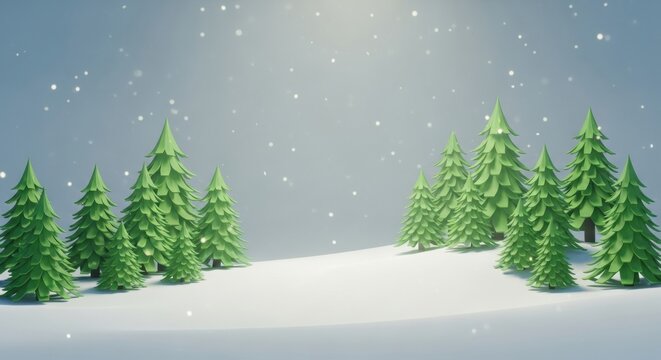 Stylized 3D Christmas forest of geometric trees on snow hills with soft lighting and flakes