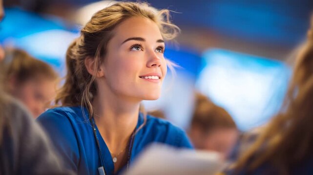 147Professional development training session for nurses, collaborative atmosphere, group reviewing patient care protocols, focused expressions, modern classroom lighting