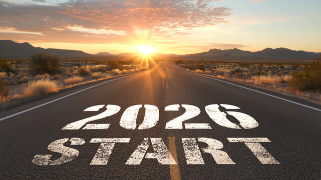 New year 2026 start on desert road at sunrise