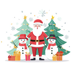 Santa Claus with a Christmas tree and snowmen vector illustration