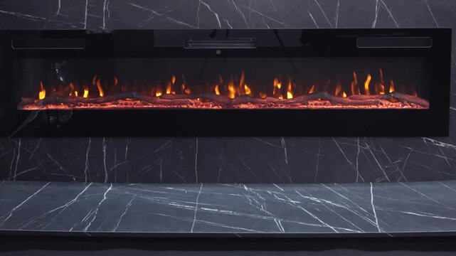 Realistic Log Wood Burning Built in Electric Fireplace Dark Living Room