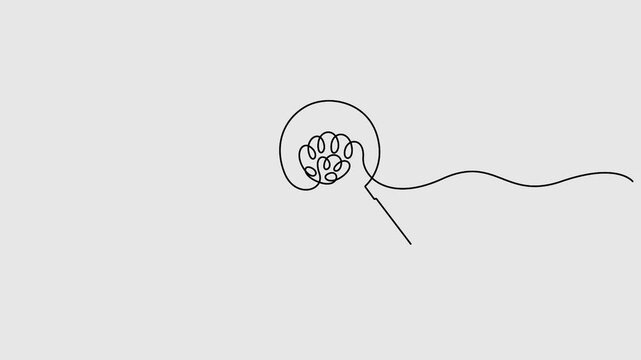 Self animated continuous one line drawing of magnifying glass with brain. Full length single line art 4k animation