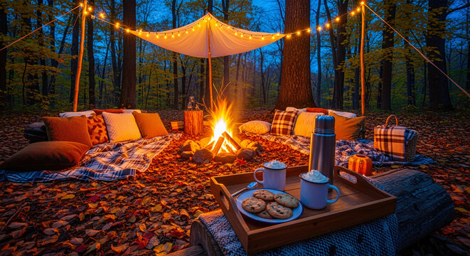 Cozy campfire setup in forest at dusk with snacks and lights. Captures a warm and inviting outdoor ambiance. Autumn camping, relaxing atmosphere, scenic adventure. - Powered by Adobe